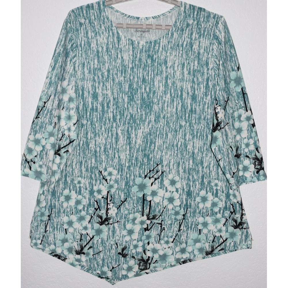 Serengeti 2X Stretch Top Green Abstract Stripe Floral Asymmetric Hem 3/4 Sleeve